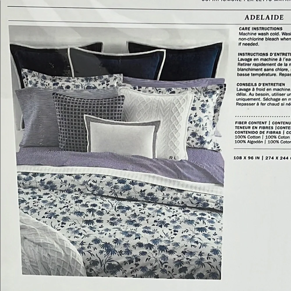 Ralph Lauren Adelaide King Duvet Cover Blue White Floral 108 x 96 NEW